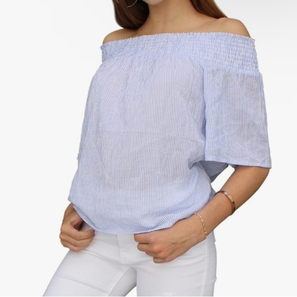 Cavalini blouse top off the shoulder blue white striped shirt loose fit